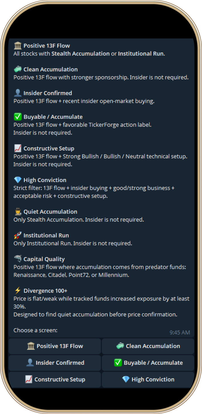 TickerForge Smart Money Radar Menu