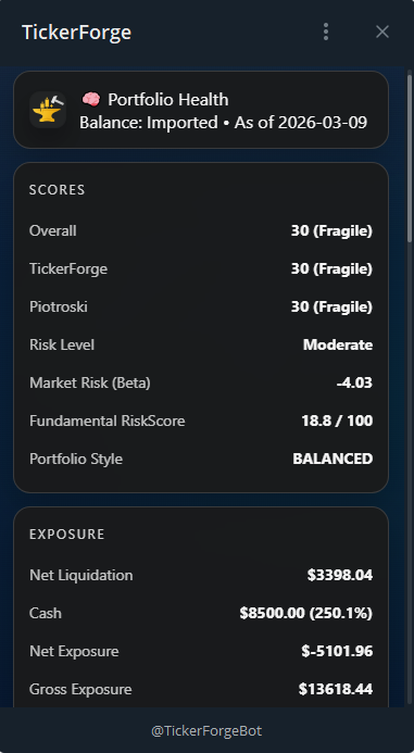 Portfolio health check report — overall score and risk flags