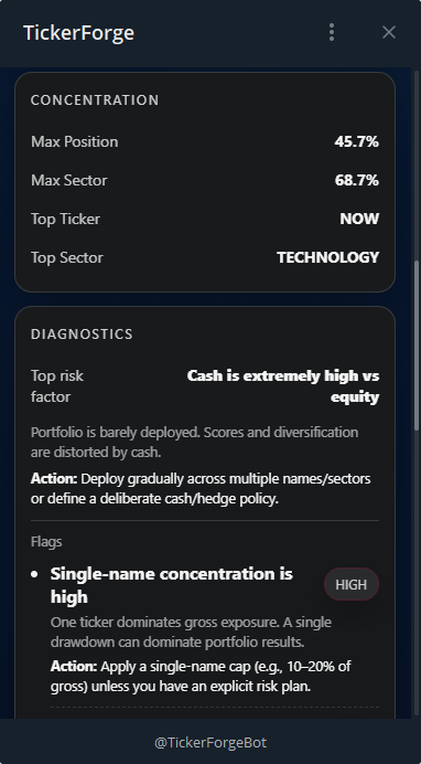 Portfolio health check — warning sections and concentration diagnostics